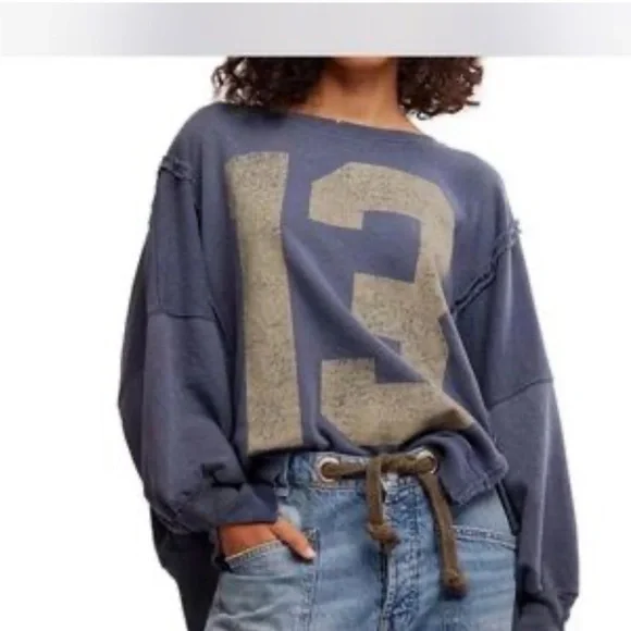 Free People Camden Graphic Pullover Sweatshirt Navy Combo 13 Size Medium - Picture 11 of 14